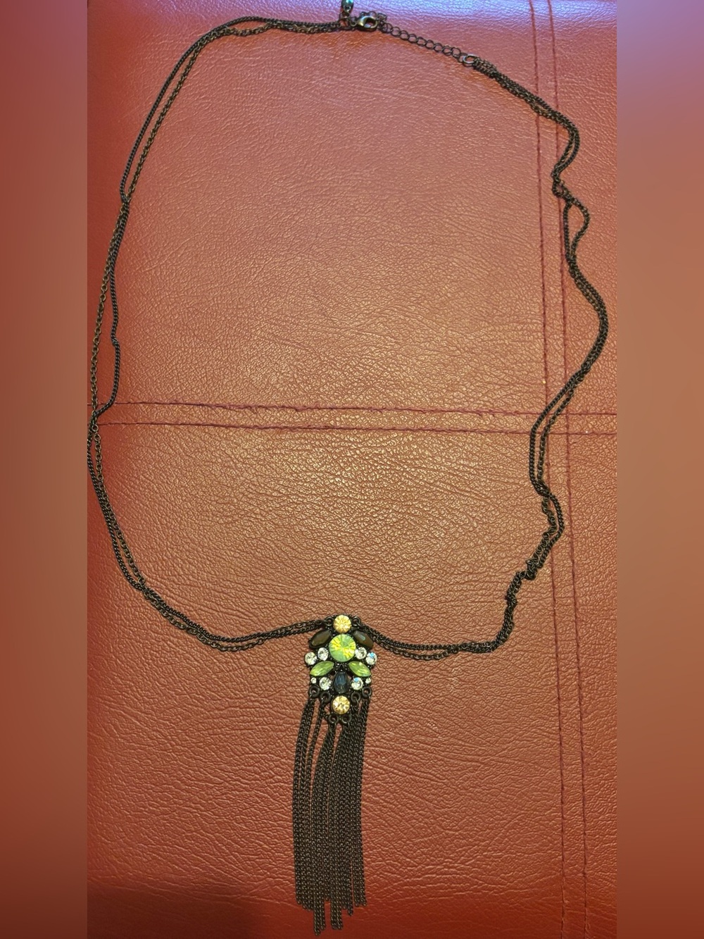 ✨Long Black Chain Necklace with Green and Yellow Crystal Pendant